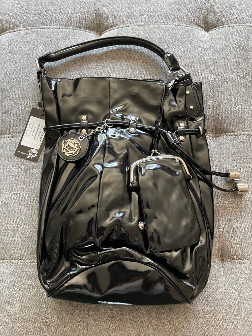 Gaya black patent bucket purse (new).